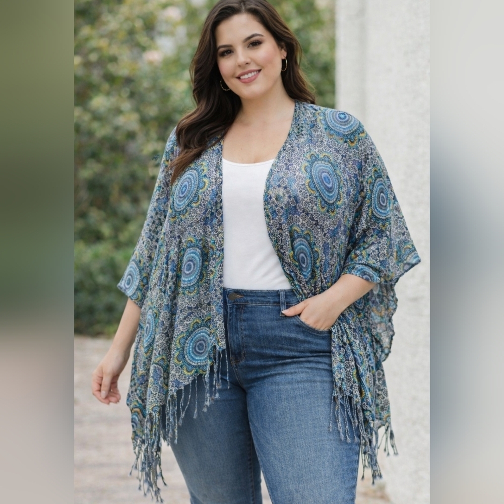 Satva Divine Kimono Blue Turquoise Sahara Print with Tassel Trim OS Free Size